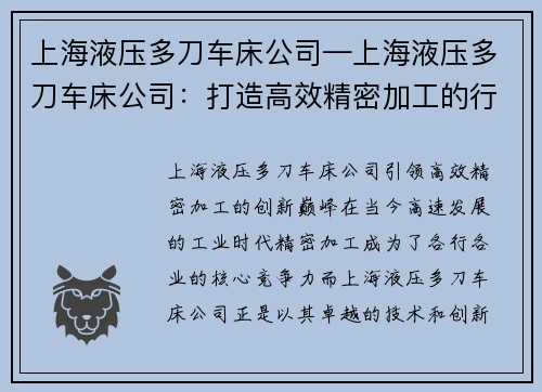 上海液压多刀车床公司—上海液压多刀车床公司：打造高效精密加工的行业领导者